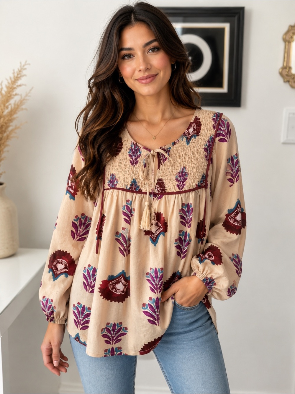 NWT Umgee Beige Floral Smocked Peasant Top with Tassel Tie
